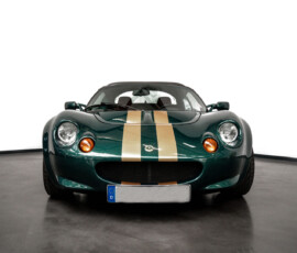 Lotus Elise in dunkelgrün mit goldenen Streifen, frontale Studioaufnahme mit deutschem Kennzeichen.