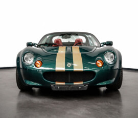 Grüner Lotus Elise Roadster mit goldenen Rennstreifen, Frontansicht im Studio auf neutralem Hintergrund.